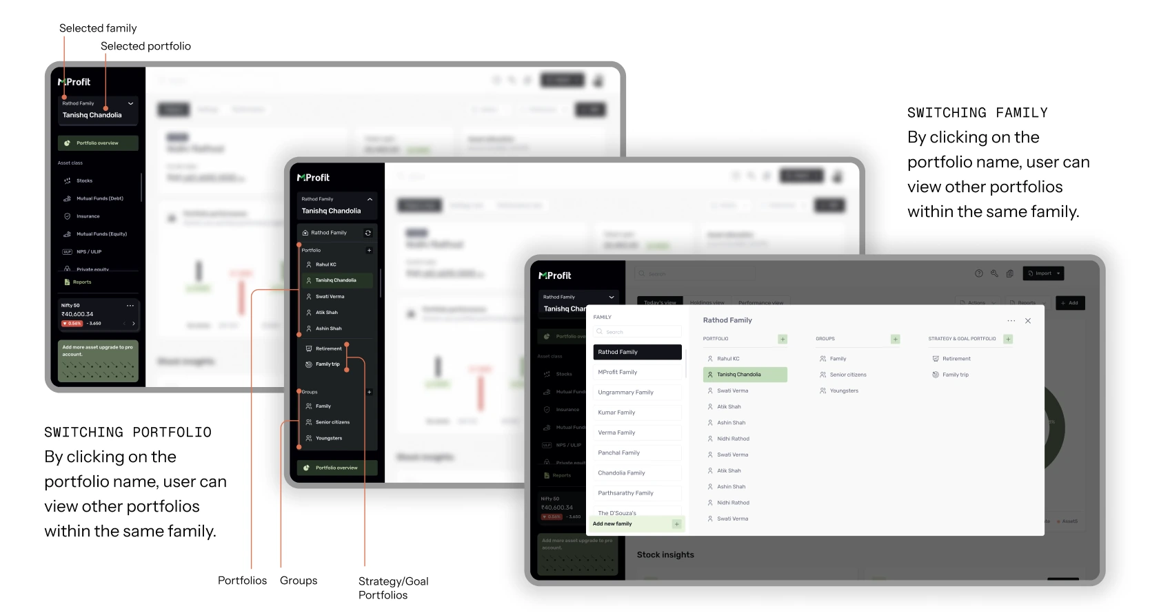 Annotated dashboard screens showing family and portfolio switching: segmented portfolios, groups and strategy/goal portfolios one click away