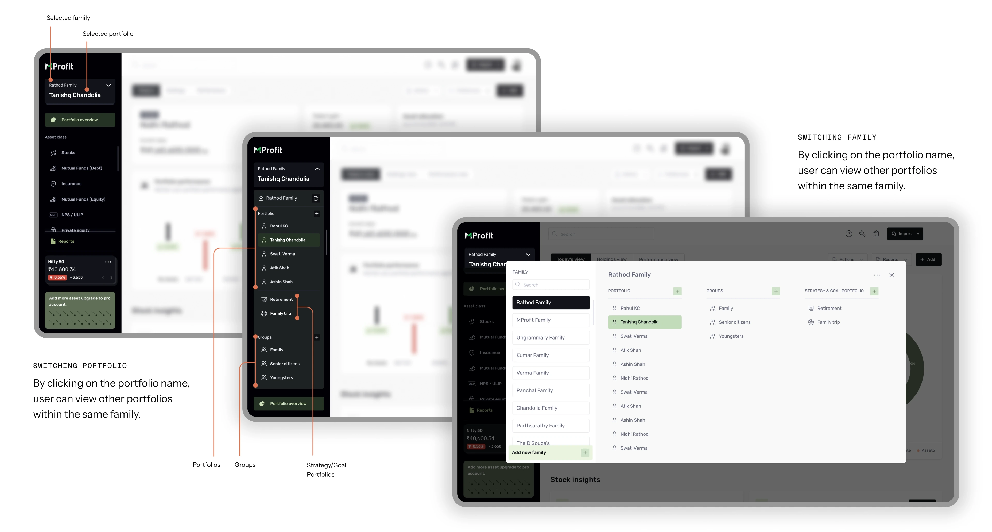 Annotated dashboard screens showing family and portfolio switching: segmented portfolios, groups and strategy/goal portfolios one click away
