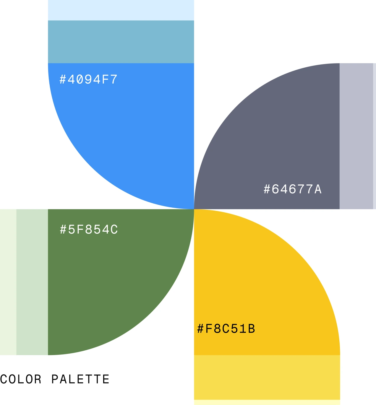 Color palette: blues, greens, greys and yellow with hex values
