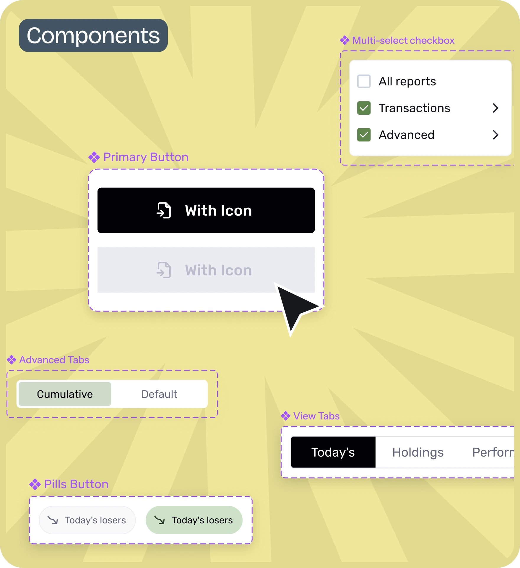 Design-system components board: primary buttons, multi-select checkboxes, advanced tabs, view tabs and pill buttons