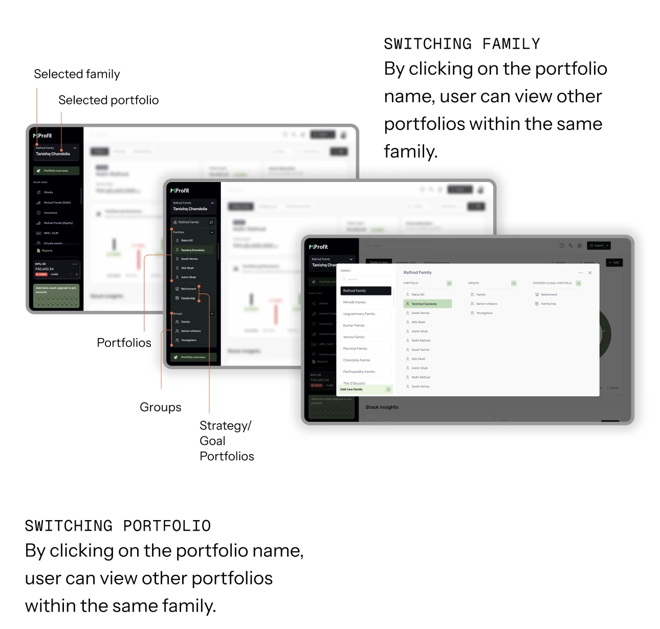 Annotated dashboard screens showing family and portfolio switching: segmented portfolios, groups and strategy/goal portfolios one click away