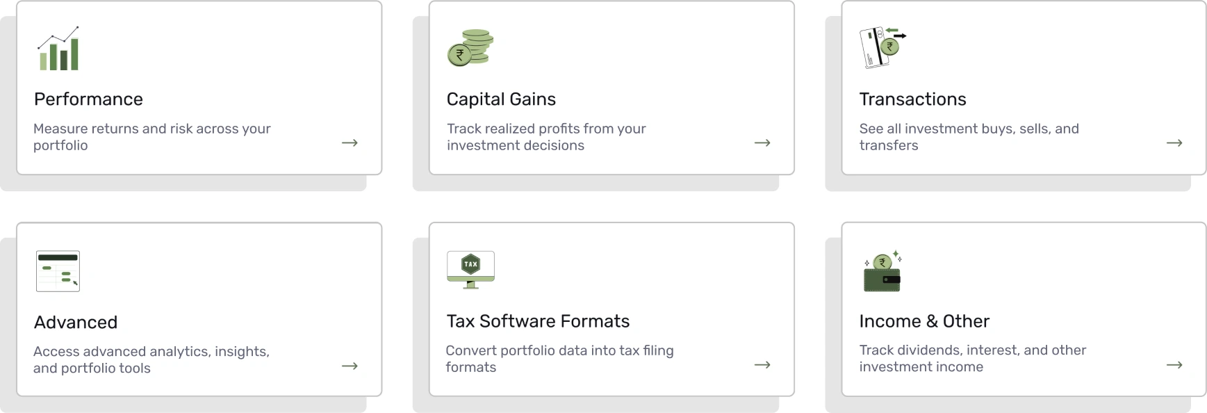 Six report categories: Performance, Capital Gains, Transactions, Advanced, Tax Software Formats, and Income & Other