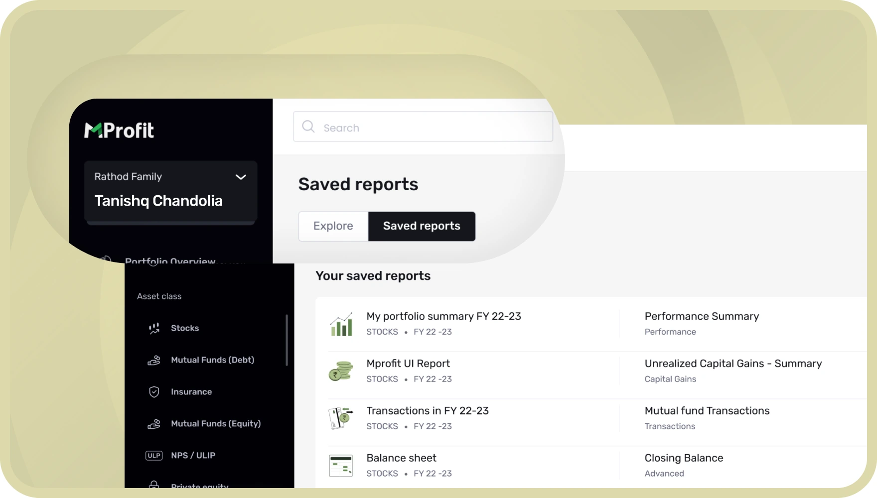 Saved reports workspace in the new MProfit: Explore and Saved tabs with the user's saved report list
