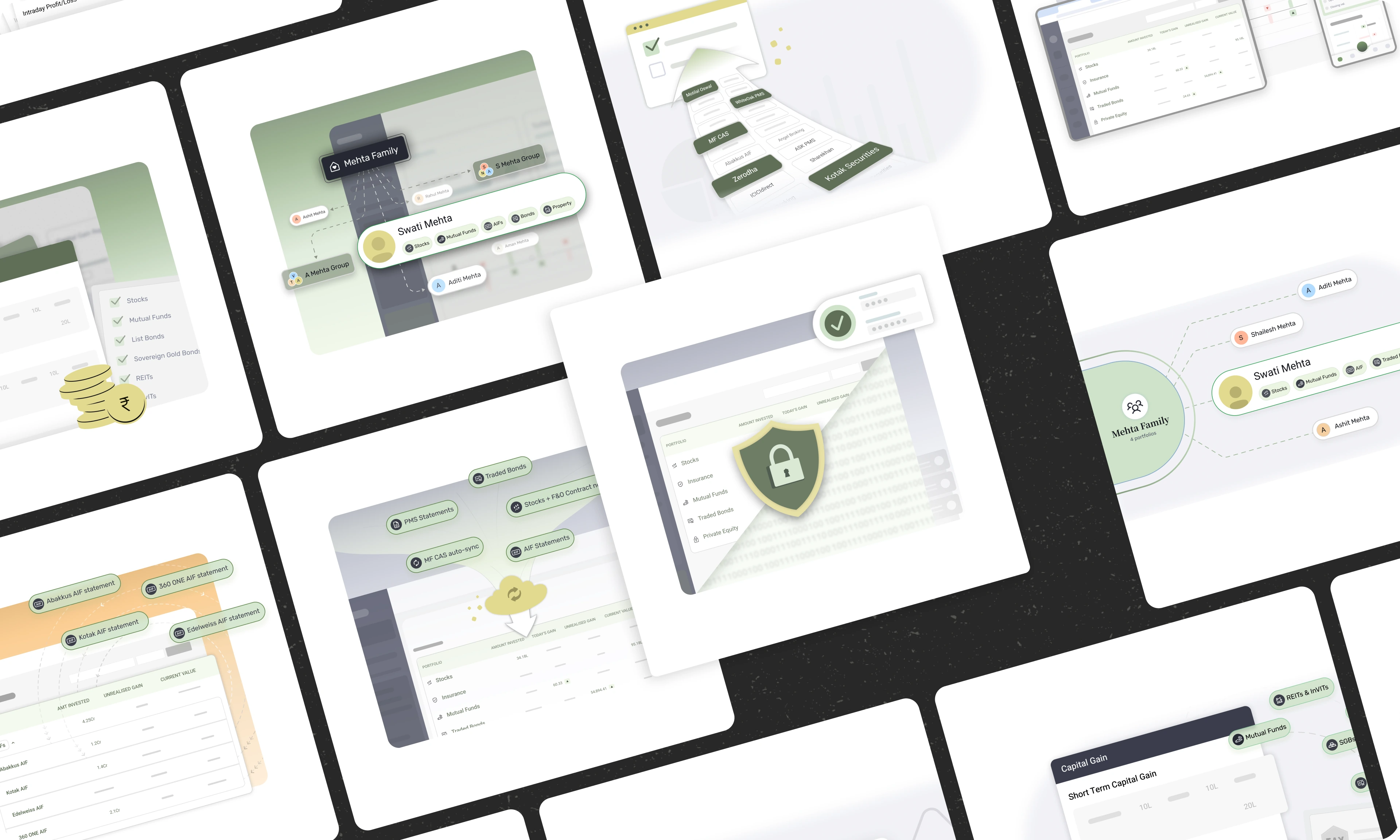 Isometric grid of the custom illustrations designed for the site: family portfolios, broker imports, secure statements and report cards