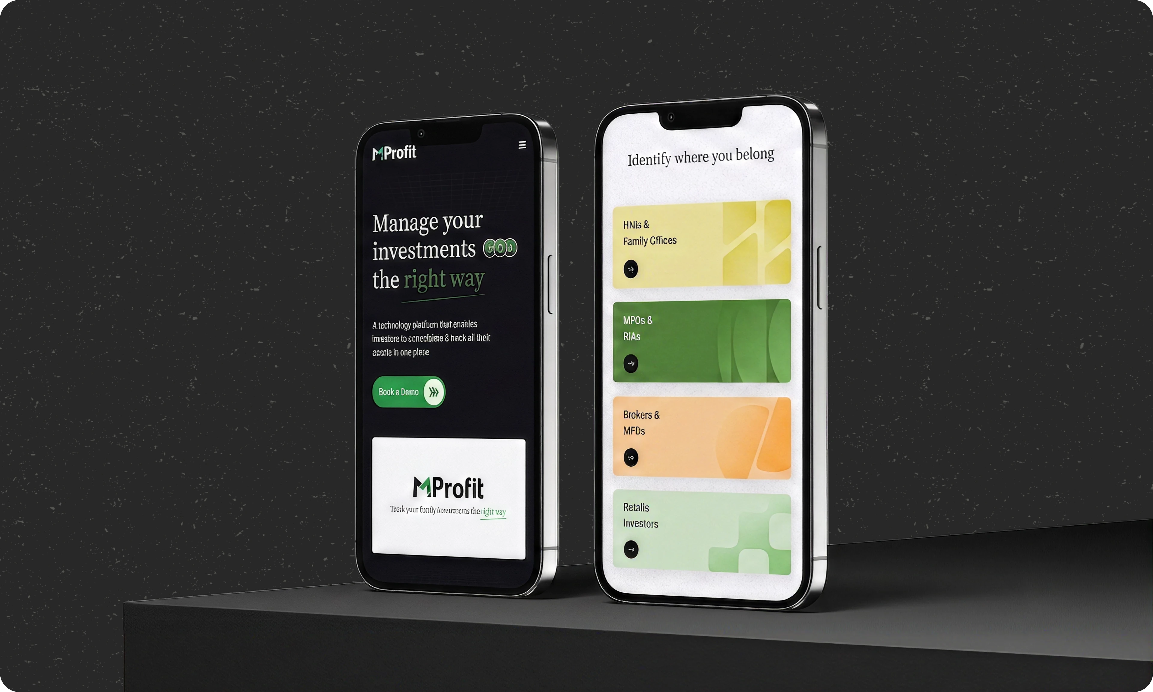 Two phones on a dark pedestal showing the responsive MProfit site: the homepage and the “Identify where you belong” audience cards
