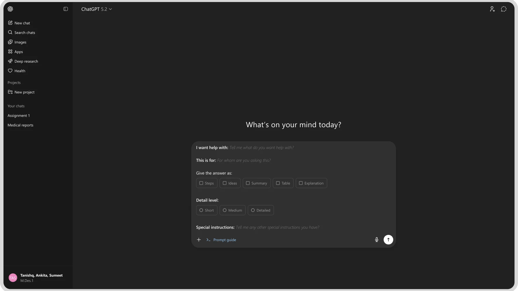 ChatGPT's structured prompt-guide form