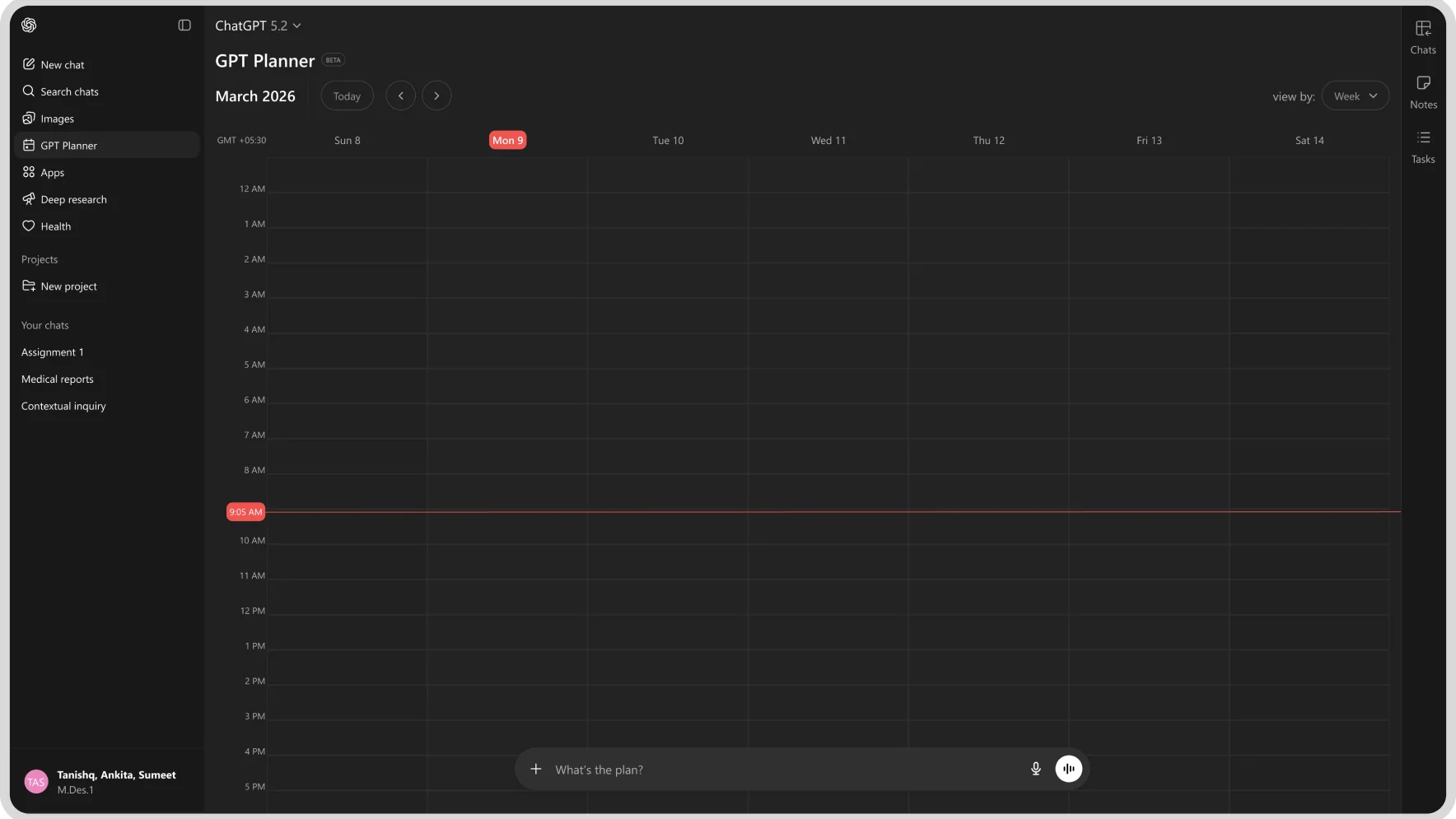 GPT Planner empty week calendar