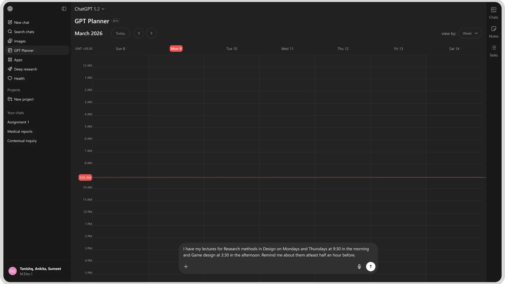 GPT Planner calendar with a schedule-conflict banner