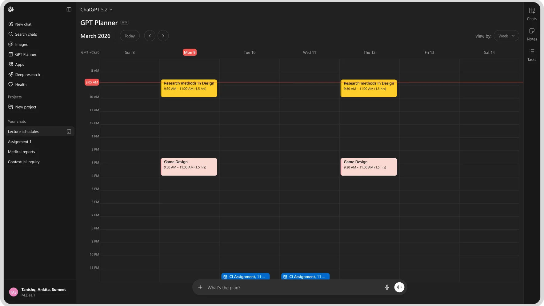 GPT Planner calendar with research and game-design blocks