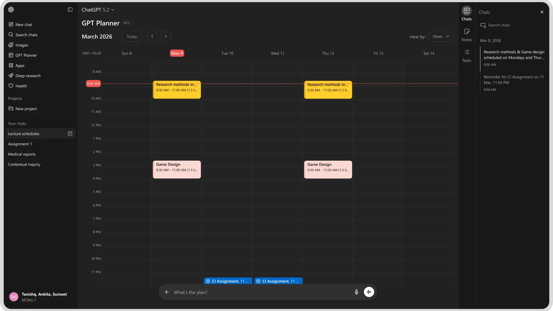 GPT Planner calendar, same week view