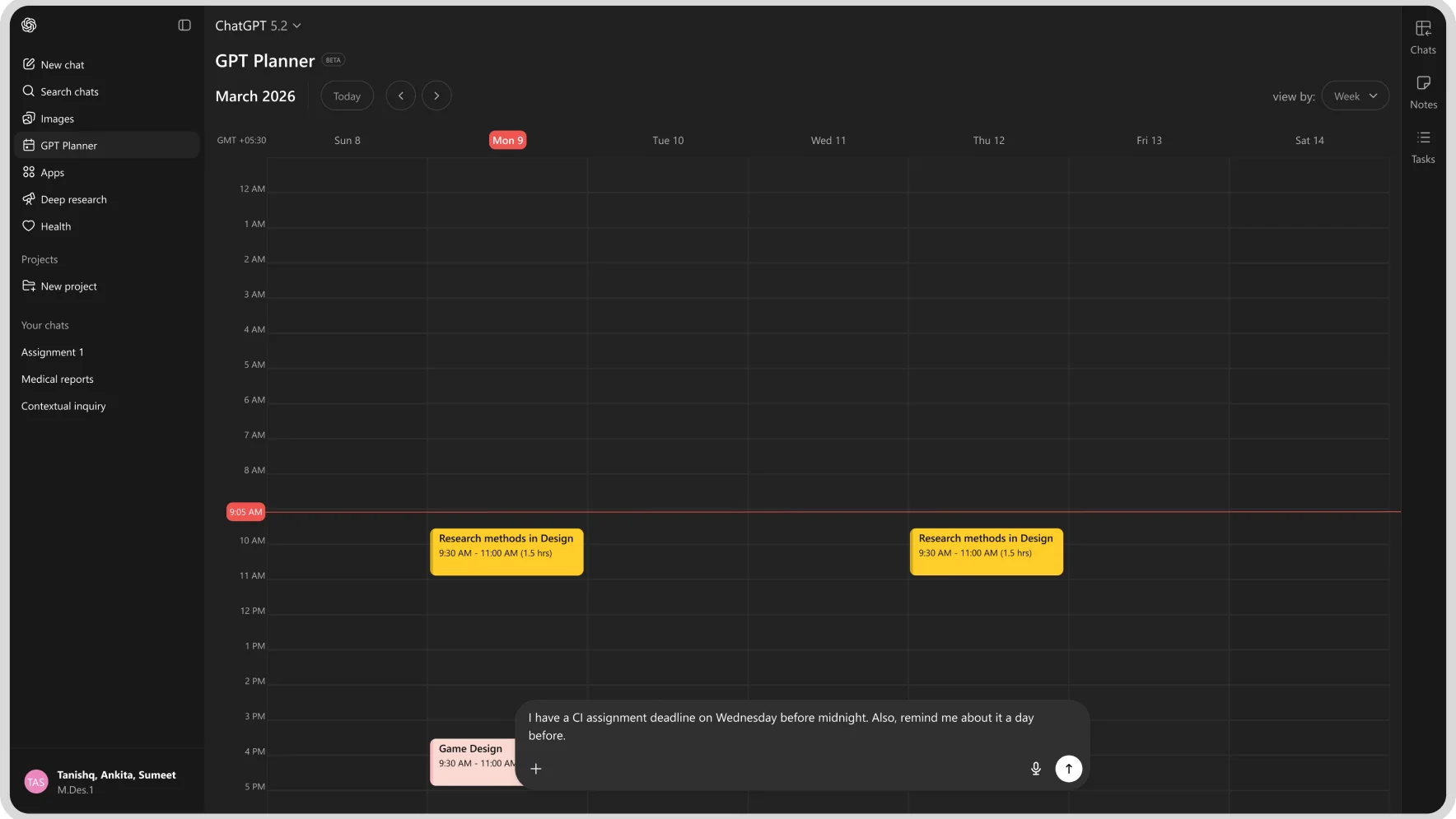GPT Planner calendar with a note added