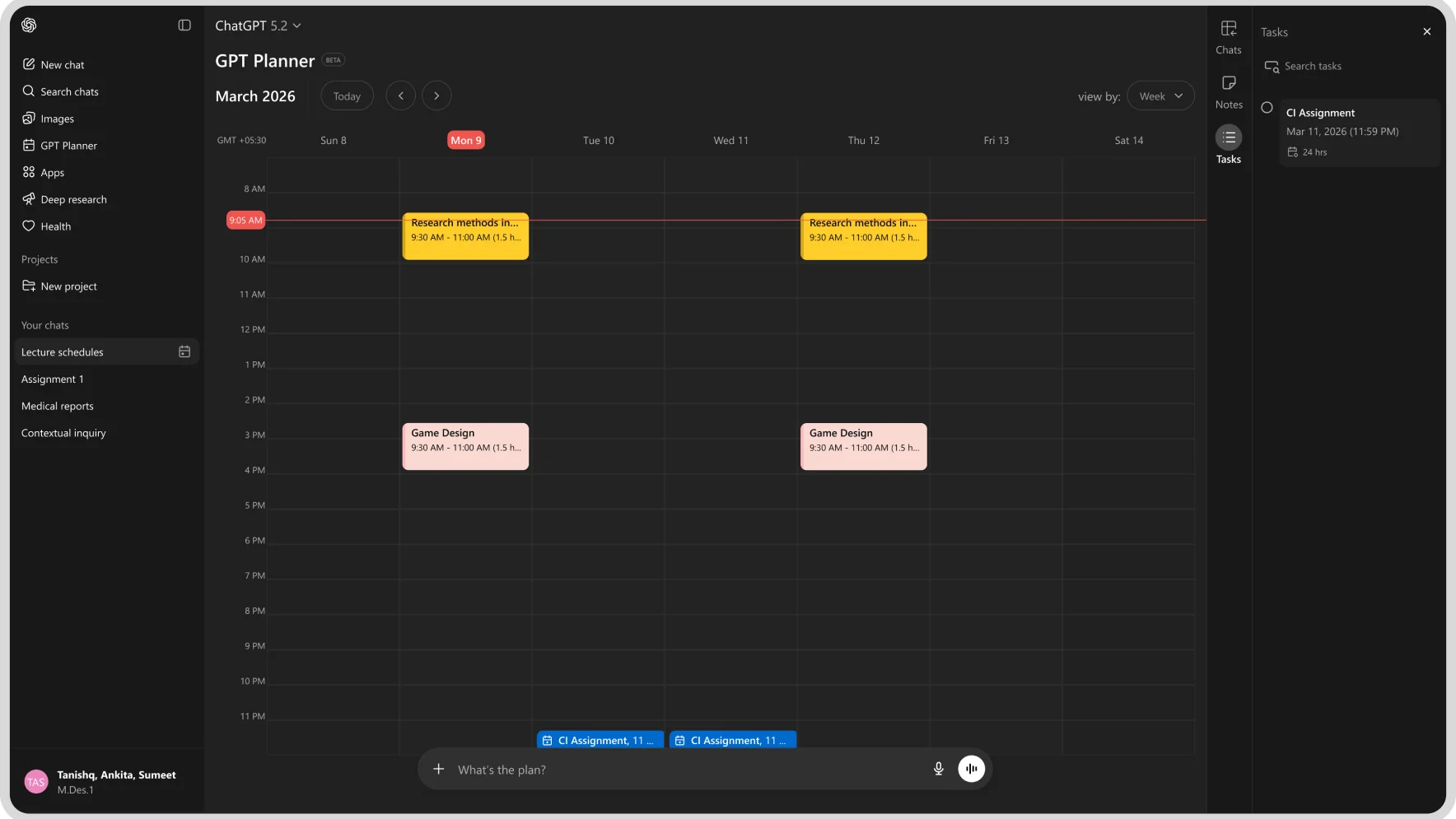 GPT Planner calendar with a follow-up note