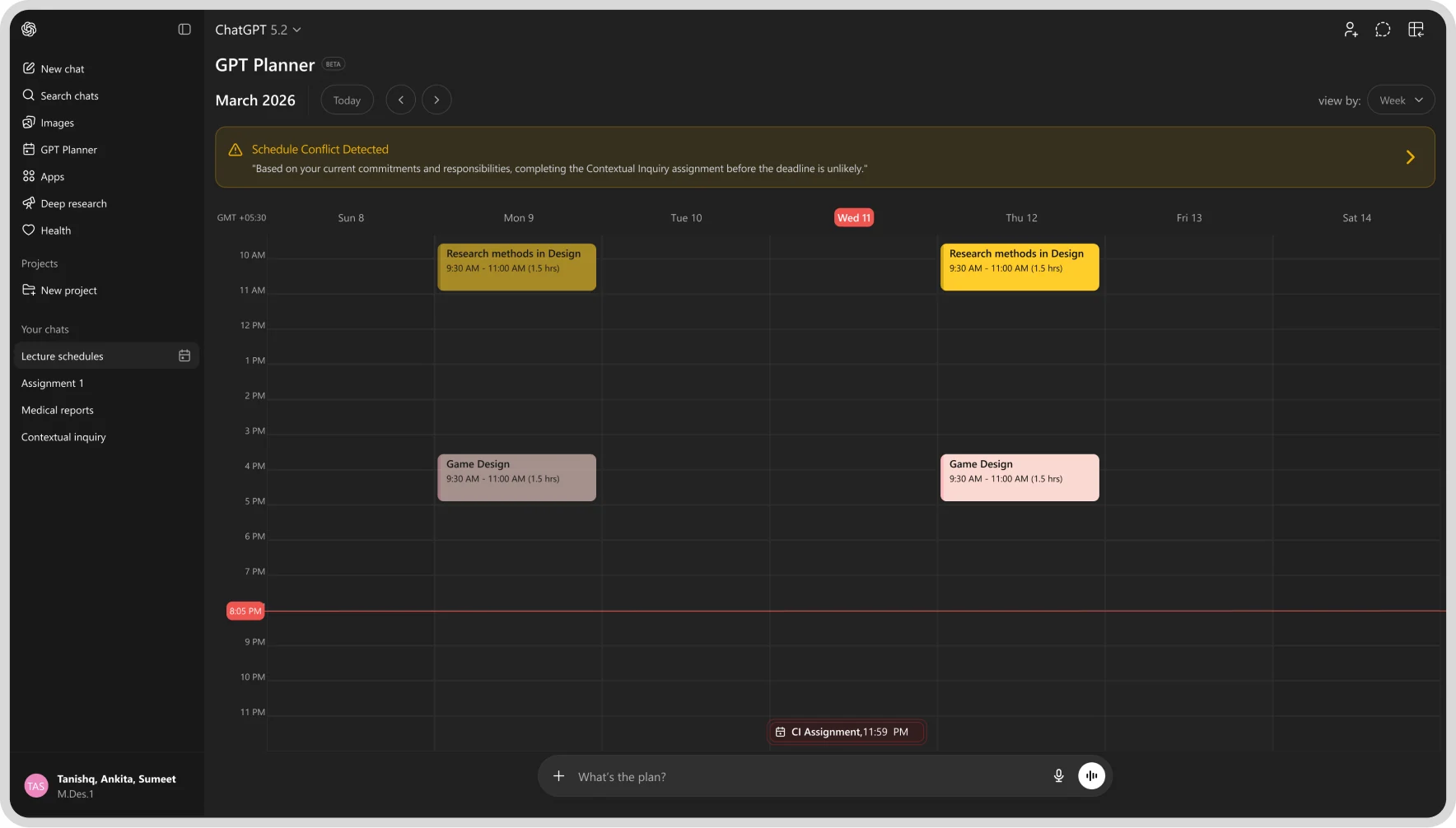 GPT Planner calendar with a schedule-conflict banner: 'Based on your current commitments and responsibilities, completing the Contextual Inquiry assignment before the deadline is unlikely.'