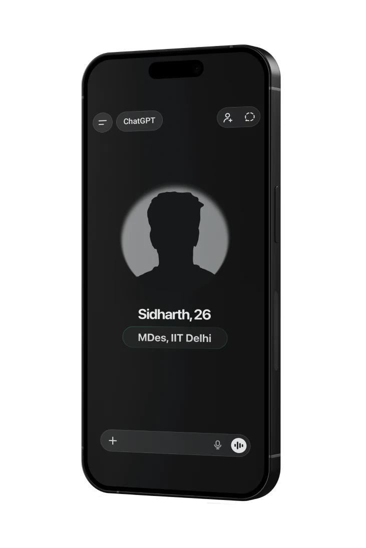 Phone showing ChatGPT's profile screen for Sidharth, 26