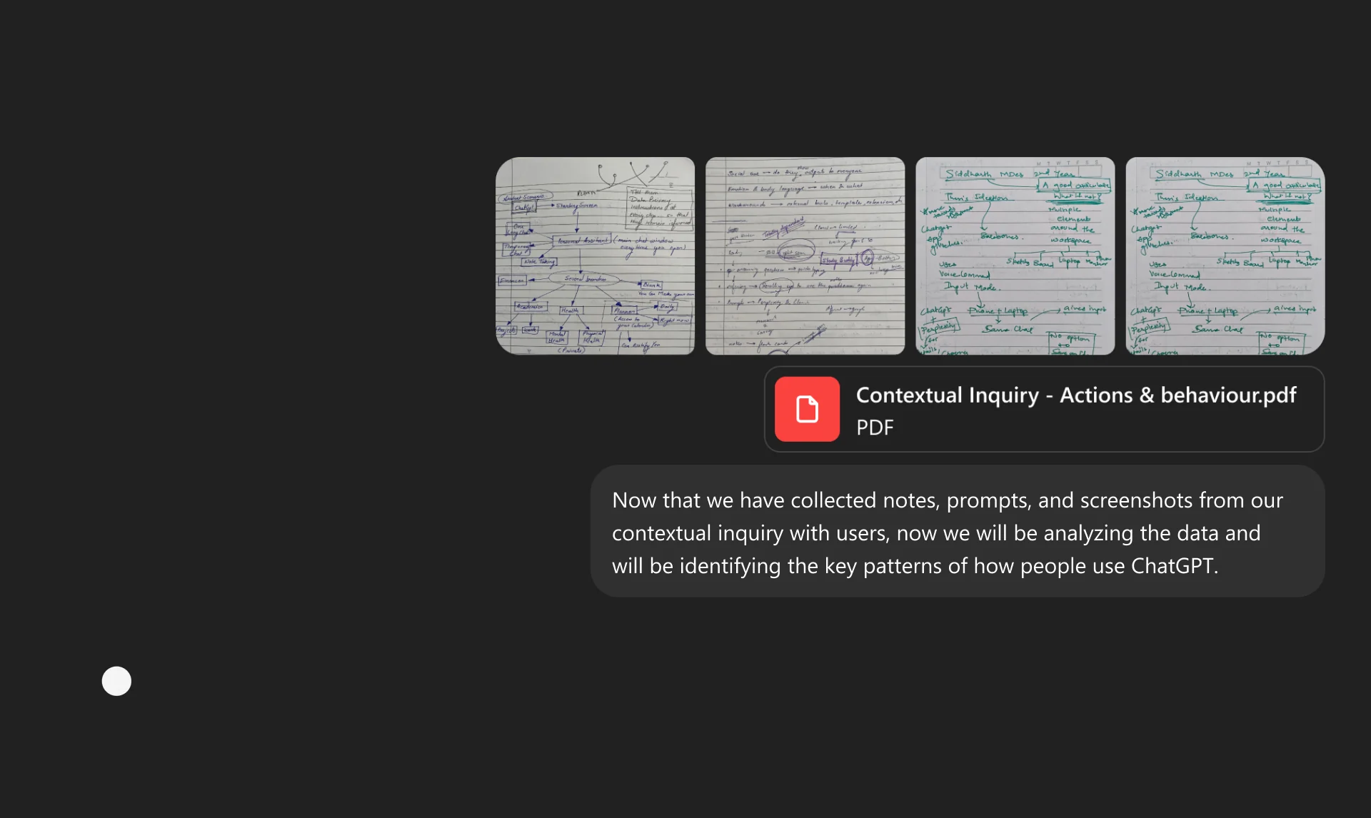 Four handwritten note pages from the contextual-inquiry sessions