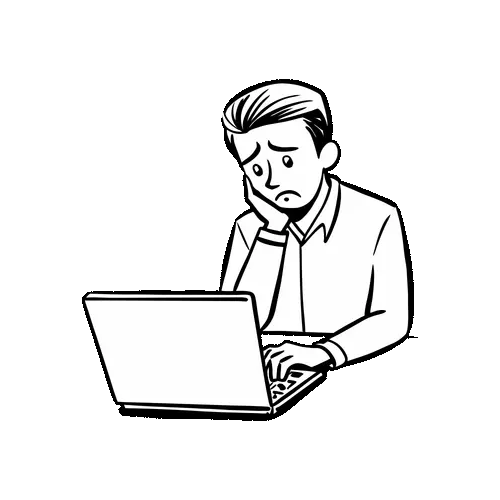 Doodle of a sad employee staring at a laptop screen