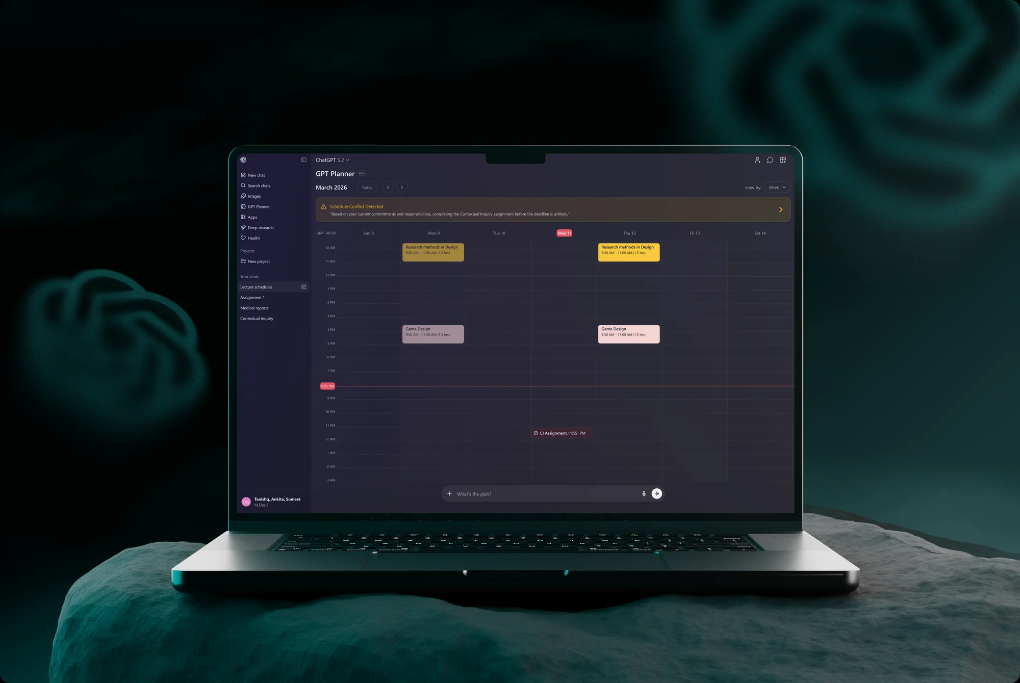 Laptop on a dark teal surface showing the GPT Planner calendar view inside ChatGPT